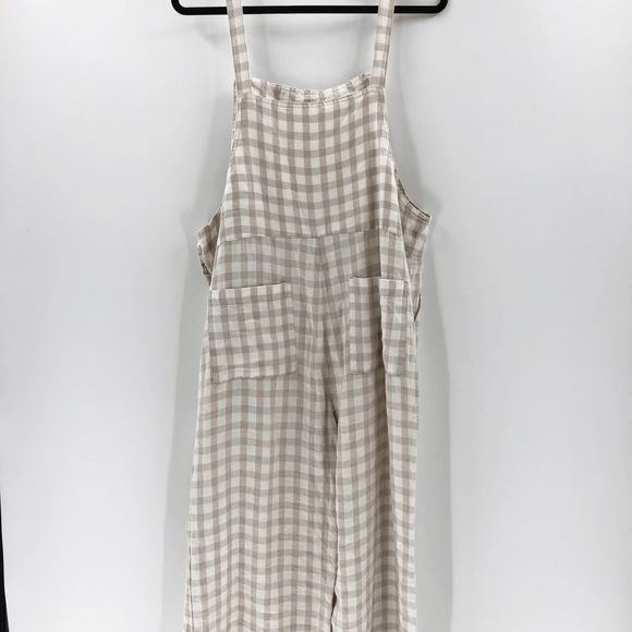 Lou & Grey Women's Cream Beige Gingham 100% Linen Overalls Size M - Picture 9 of 9